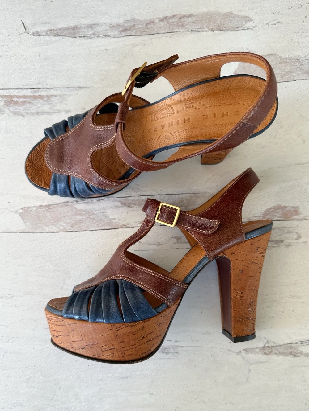 Chie Mihara • Blue Brown Colorblock Cork Platform Heel Sandals